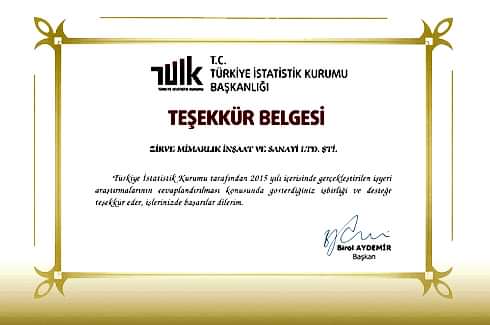 TÜRKİYE İSTATİSTİK KURUMU TEŞEKKÜR BELGESİ